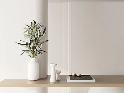 Decorative Ornament Set With White Vase Olive Branch Black Book And Gold Accents On Wooden Tabletop 3d model