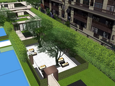 Serene Garden Landscape With Lush Trees Lawn Seating Areas And Pathways 3d model