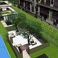 Serene Garden Landscape With Lush Trees Lawn Seating Areas And Pathways