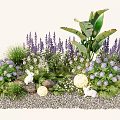Lovely Garden Flowers and Plants with Purple Blooms Green Foliage White Rabbit Ornaments and Stones