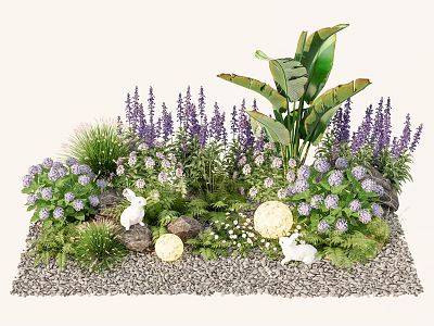 Lovely Garden Flowers and Plants with Purple Blooms Green Foliage White Rabbit Ornaments and Stones 3d model