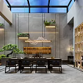 Tranquil Garden Landscape With Glass Roof Wooden Deck Tables Chairs Green Plants Red Maple Tree