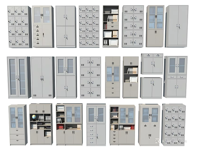 Various Modern Bookcase Designs With Glass Doors Open Shelves And Storage Features 3d model 
