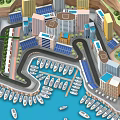 Urban Waterfront Cityscape Featuring Tall Modern Buildings and Moored Yachts