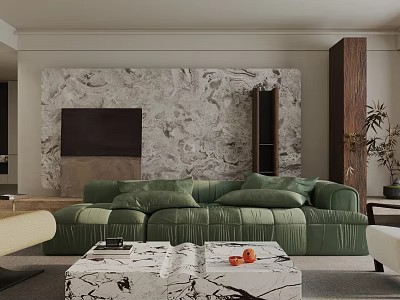 Modern Living Room Interior With Green Sofa Marble Accent Wall And Coffee Table 3d model
