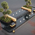 Elegant Water Fountain Landscape Design With Cascading Water Trees Lanterns And Stone Tiles