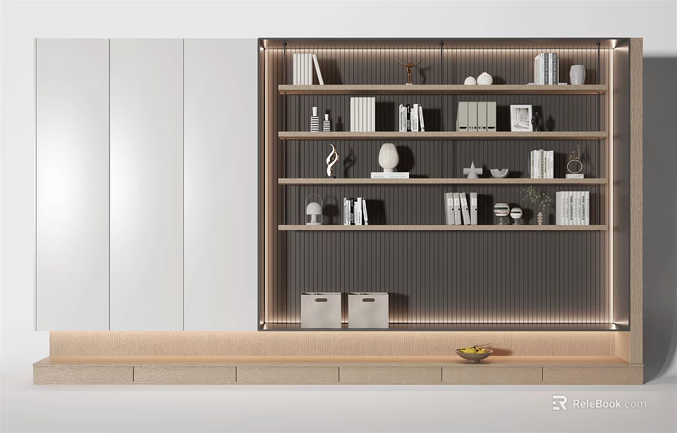 Modern Minimalist Decorative Cabinet With Layered Shelves Books Sculptures And LED Strip Lighting 3d model 