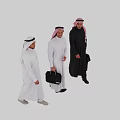 Men wearing traditional white and black thobe with keffiyeh holding black bags standing
