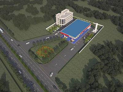 Gas Station With Blue Canopy Building Surrounding Greenery Near Road With Vehicles 3d model