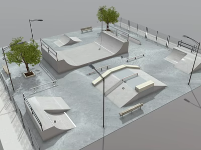 Skate Park Landscape Design With Various Skate Ramps Benches Trees And Street Lamps 3d model