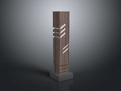 Wooden Pillar Style Outdoor Light With Geometric Line Design And Gray Base 3d model