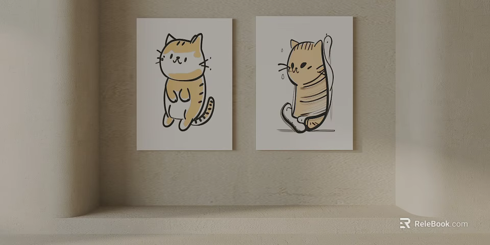 Cute Cartoon Cat Illustrations Hanging On Beige Wall With Simple Design 3d model