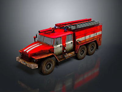 Red Vintage Fire Truck With Roof Ladder And Multi Wheel Design On Dark Reflective Background 3d model