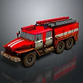 Red Vintage Fire Truck With Roof Ladder And Multi Wheel Design On Dark Reflective Background