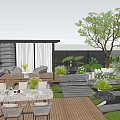 Serene Garden Design With Lawn Trees Purple Flowers Stone Steps Wooden Deck And Sofa Seats