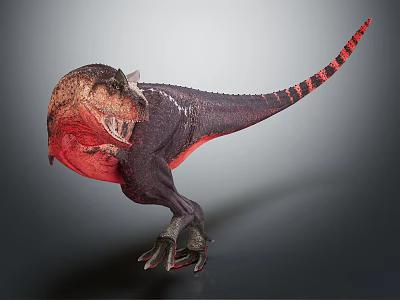 Carnivorous Dinosaur 3D Character With Dark Body Red Throat Striped Tail Sharp Teeth Claws 3d model