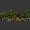 Playful Cartoon Scene With Green Pine Trees Stone Structures And Colorful Decorative Plants
