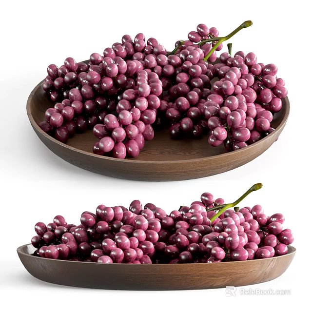 Plump Purple Red Grapes Served in Wooden Plates on White Background 3d model 
