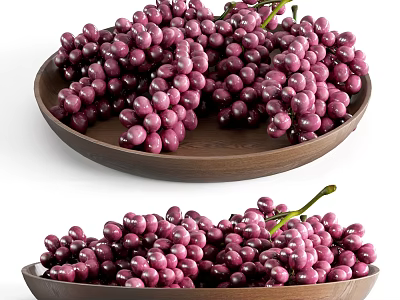 Plump Purple Red Grapes Served in Wooden Plates on White Background 3d model