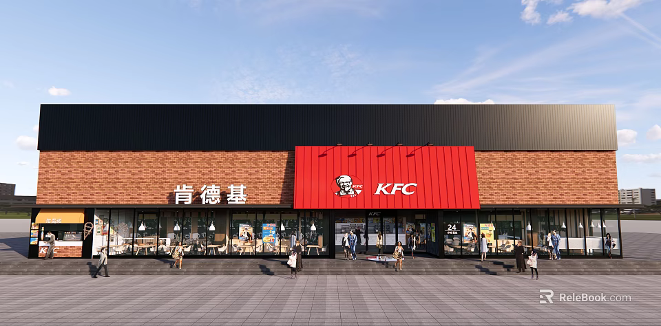 KFC Restaurant Exterior With Red Signage Brick Wall And Black Facade 3d model 