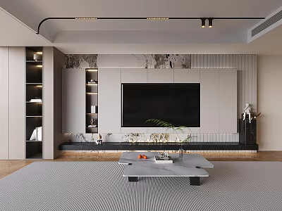 Modern TV Wall Design With Marble Panel Built in Shelves And Ambient Lighting 3d model