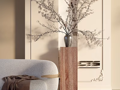Modern Living Room Decor with Vase Holding Light Colored Flower Branches on Wooden Pedestal 3d model