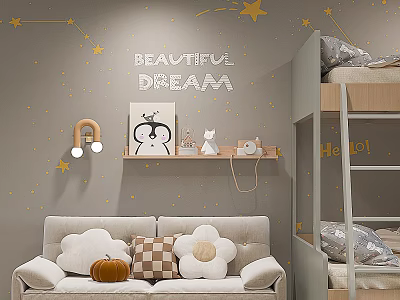 Kids Room Interior With Star Wall Stickers Beautiful Dream Lettering Sofa And Bunk Bed 3d model