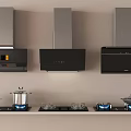 Modern Kitchen Appliances Display Three Range Hoods Above Gas Stoves With Cooking Pots