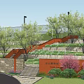 Outdoor Basketball Court with Pink Surface Surrounded by Green Lawn Trees and Spiral Stairs