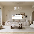 Luxurious Beige Living Room With Cloud Sofa Chandelier Framed Artworks Soft Rug And Arched Doorway