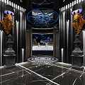 Modern Bar Interior Design With Blue Lighting Geometric Ceiling And Wine Racks