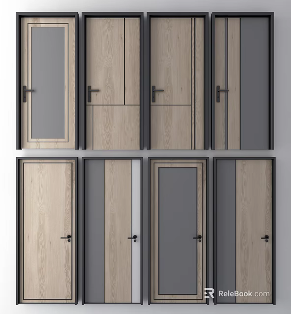 Modern Hinged Doors Featuring Wooden Gray And Glass Panel Designs 3d model 