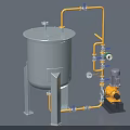 Industrial Equipment Setup Featuring White Cylindrical Tank Yellow Pipes Pressure Gauges And Pump