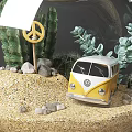 Transparent Spherical Vase with Cactus Succulents Peace Sign Yellow Mini Bus Model Sand and Stones