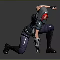 Hooded Red Haired 3D Warrior in Armor Kneeling with Purple Accents Combat Stance