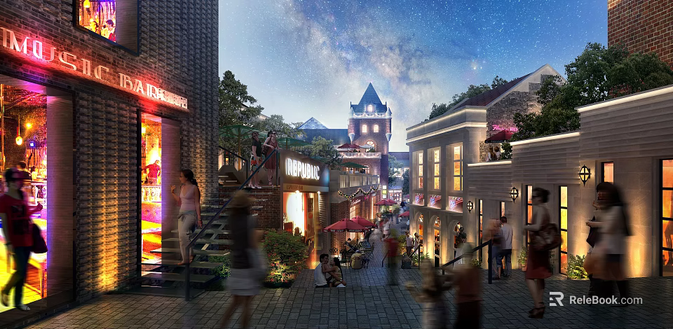 Vibrant Commercial Street at Night With Starry Sky Shops Pedestrians And Tower Lights 3d model 