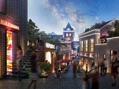 Vibrant Commercial Street at Night With Starry Sky Shops Pedestrians And Tower Lights 3d model