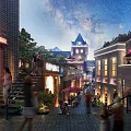 Vibrant Commercial Street at Night With Starry Sky Shops Pedestrians And Tower Lights