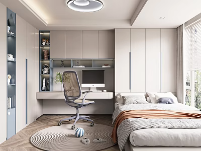 Tatami Bedroom Interior Design Featuring Bed Desk Chair Cabinets And Natural Light 3d model