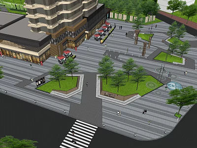 Modern Urban Plaza Landscape With Red Cars Pedestrians Trees And Green Spaces 3d model