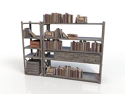 Vintage Wooden Bookshelf With Multiple Shelves Filled With Books And Drawers 3d model