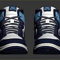 High Top Blue White Sneakers With Light Blue Accents Logo On Tongue Collar White Sole