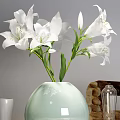 Decorative Ornament Set with Light Green Vase White Lilies Transparent Glass Bottle Yellow Lemons and Woven Basket
