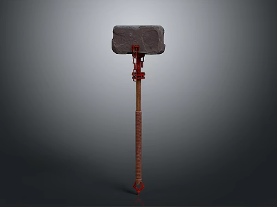 Traditional Stone Hammer With Wooden Handle And Red Decorative Straps 3d model