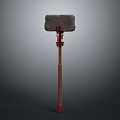 Traditional Stone Hammer With Wooden Handle And Red Decorative Straps