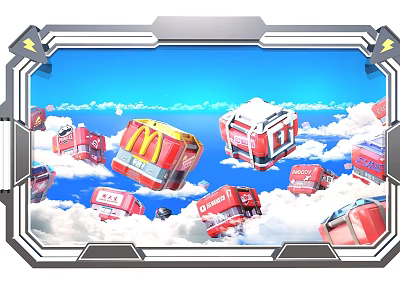 McDonald's Themed Photo Spot With Floating Red Boxes Clouds And Blue Sky 3d model