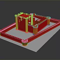 Detailed Red Building Model With White Columns And Square Base Structure