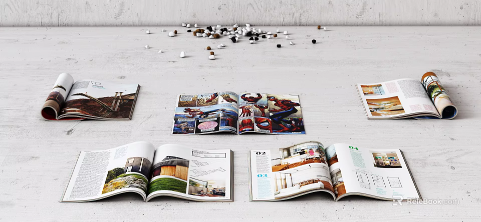 Open Magazines Showcasing Architecture And Interior Design Pages With Colorful 3d model