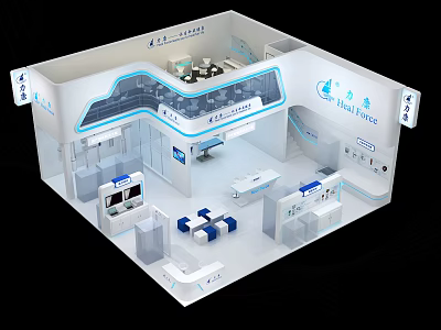 Modern Healthine Exhibition Booth With White Interior Blue Accents Display Counters And Seating Area 3d model