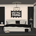 Modern Bedroom Interior Design With Chandelier Decorative Wall Art Bed Nightstands And Large Windows